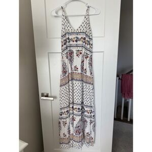 Old Navy Womens Large White Floral Paisley Boho Maxi Dress V-Neck Sundress L